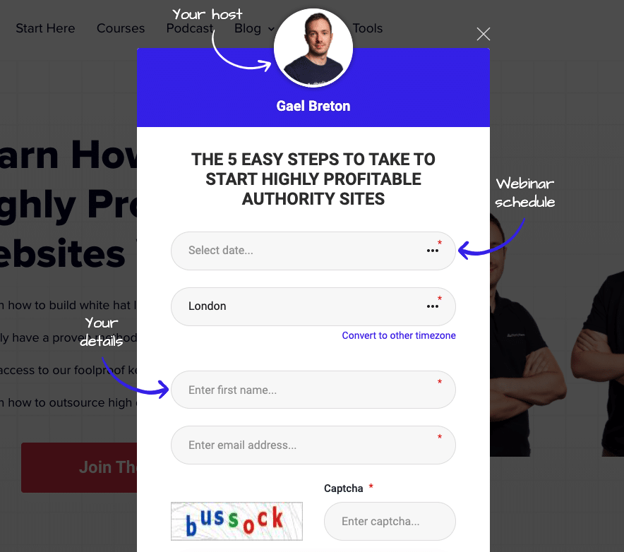 Webinar signup for lead magnet